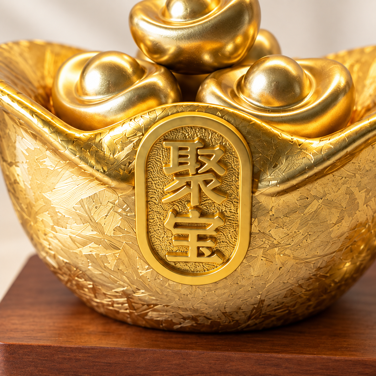 AI-generated detail illustration of the gold ingot wealth bowl and front medallion.