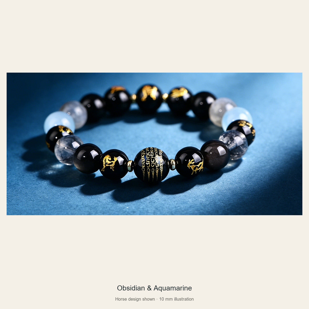 Obsidian and aquamarine zodiac bracelet, Horse design, angled full view