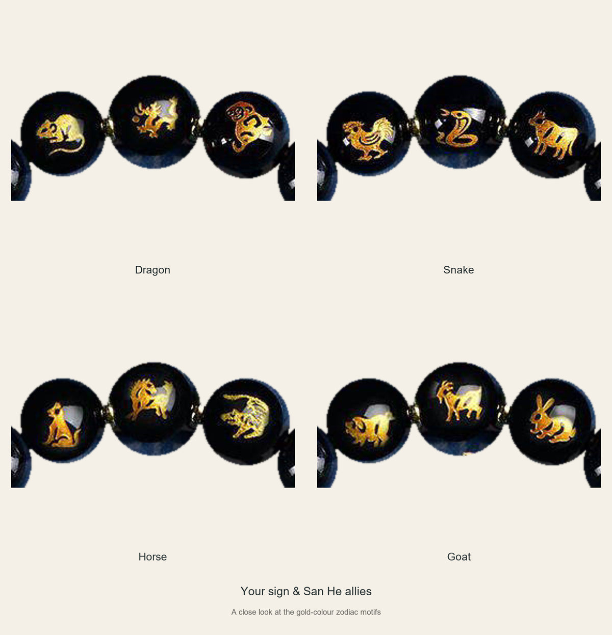 Zodiac motif details: Dragon, Snake, Horse, Goat