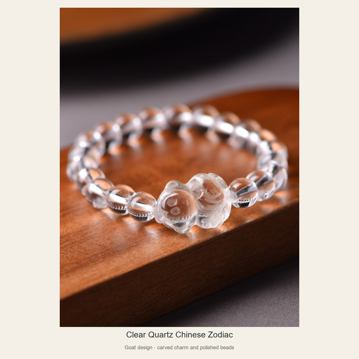 Clear quartz Goat bracelet on wood, full angled view