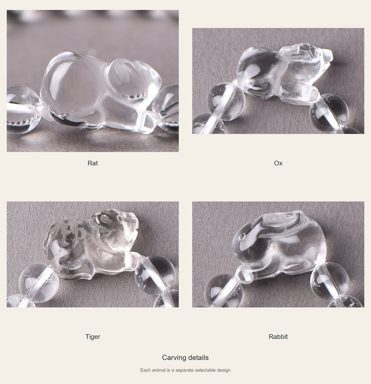 Carved quartz animal details: Rat, Ox, Tiger, Rabbit