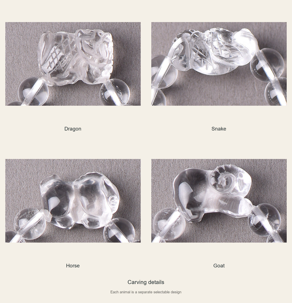 Carved quartz animal details: Dragon, Snake, Horse, Goat