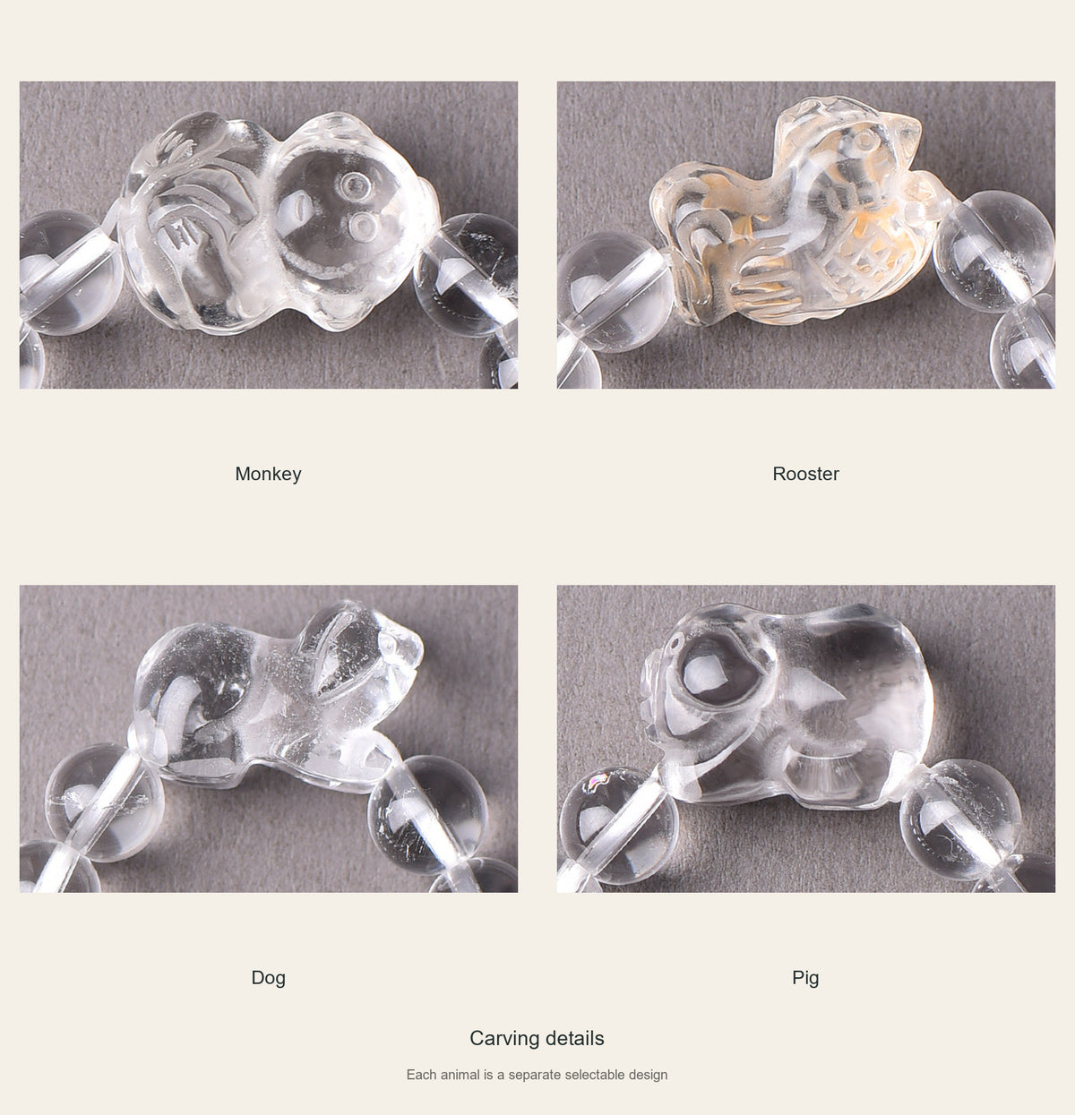 Carved quartz animal details: Monkey, Rooster, Dog, Pig